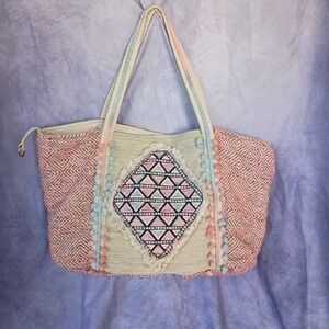 America & Beyond Boho Weekender Tote Bag Pink Cream Embroidered Pom Pom